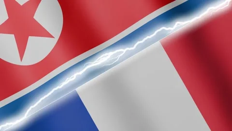 Two waving flags North Korea and France with diagonal lightning 4k loop Stock Footage 329223963