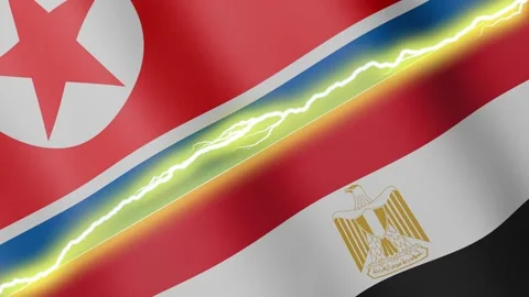 Two waving flags North Korea and Egypt with diagonal lightning, 4k loop Stock Footage 339995988