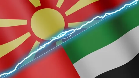 Two waving flags Northern Macedonia and United Arab Emirates with diagonal Stock Footage 333977187