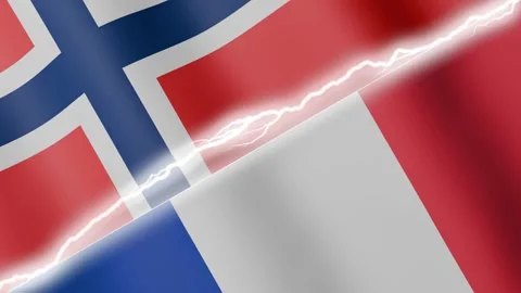 Two waving flags Norway and France with diagonal lightning 4k loop Stock Footage 329223970
