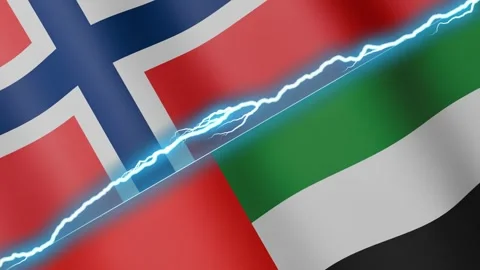 Two waving flags Norway and United Arab Emirates with diagonal lightning 4k loop Stock Footage 333977204