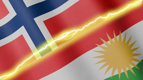 Two waving flags Norway and Kurdistan with diagonal lightning, 4k loop Stock Footage 340197963