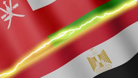 Two waving flags Oman and Egypt with diagonal lightning, 4k loop Stock Footage 339996011