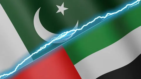 Two waving flags Pakistan and United Arab Emirates with diagonal lightning 4k Stock Footage 333977208