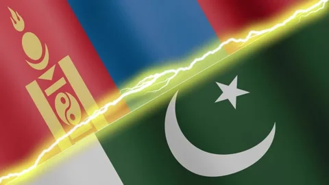 Two waving flags Pakistan and Mongolia with diagonal lightning, 4k loop Video stock 338196268