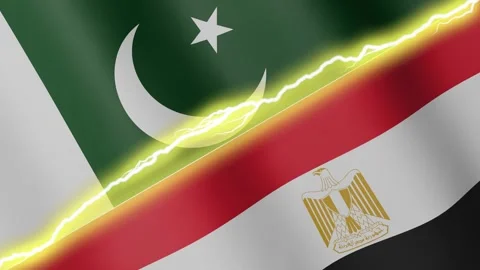 Two waving flags Pakistan and Egypt with diagonal lightning, 4k loop Stock Footage 339996017