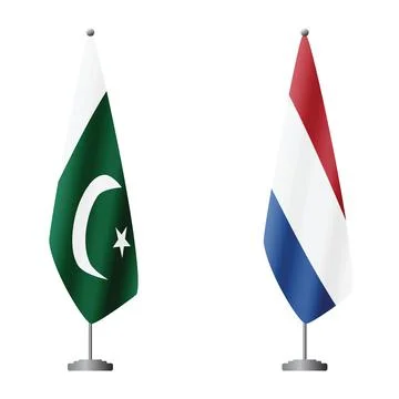 Two waving flags Pakistan and Netherlands with diagonal lightning, 4k loop 库存插图
