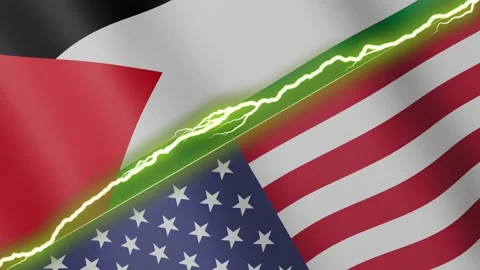 Two waving flags Palestine and United States with diagonal lightning 4k loop Stock Footage 327664654