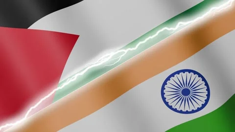 Two waving flags Palestine and India with diagonal lightning 4k loop Stock Footage 329439158