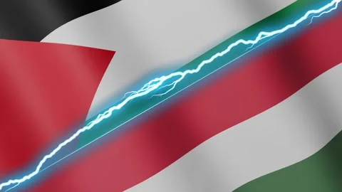 Two waving flags Palestine and Hungary with diagonal lightning 4k loop Stock Footage 332488949