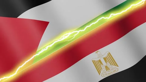 Two waving flags Palestine and Egypt with diagonal lightning, 4k loop Stock Footage 339996026