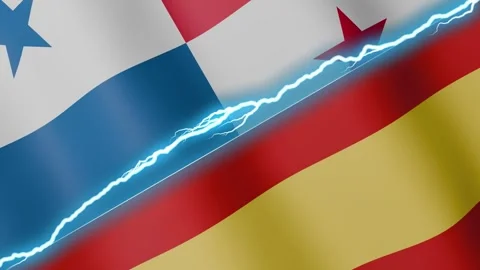 Two waving flags Panama and Spain with diagonal lightning 4k loop Stock Footage 332669089
