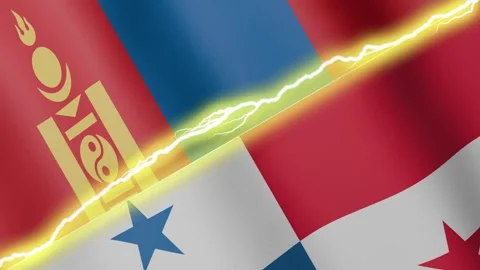 Two waving flags Panama and Mongolia with diagonal lightning, 4k loop Video stock 338196277