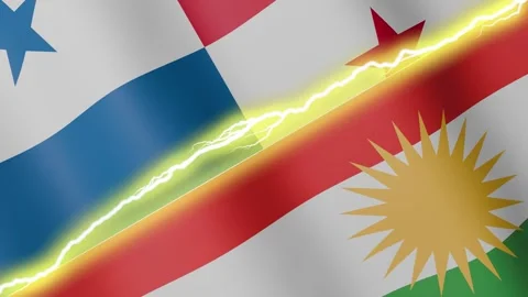 Two waving flags Panama and Kurdistan with diagonal lightning, 4k loop Stock Footage 340198003