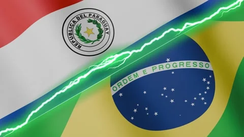 Two waving flags Paraguay and Brazil with diagonal lightning 4k loop Stock Footage 327664363