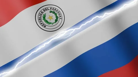 Two waving flags Paraguay and Russia with diagonal lightning 4k loop Stock Footage 328902740