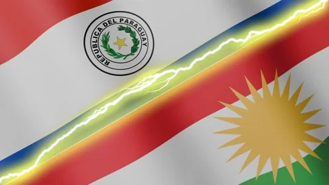 Two waving flags Paraguay and Kurdistan with diagonal lightning, 4k loop Stock Footage 340198006