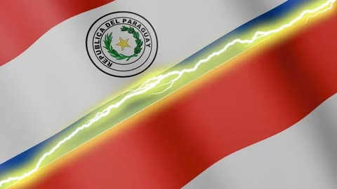 Two waving flags Paraguay and Indonesia with diagonal lightning, 4k loop Stock Footage 341758142