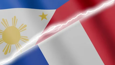 Two waving flags Philippines and France with diagonal lightning 4k loop Stock Footage 329223992