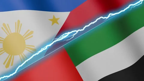 Two waving flags Philippines and United Arab Emirates with diagonal lightning 4k Stock Footage 333977213