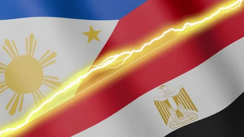 Two waving flags Philippines and Egypt with diagonal lightning, 4k loop Stock Footage 339996033