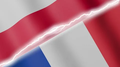 Two waving flags Poland and France with diagonal lightning 4k loop Stock Footage 329223993