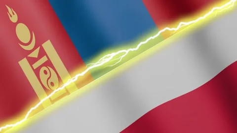Two waving flags Poland and Mongolia with diagonal lightning, 4k loop Video stock 338196281