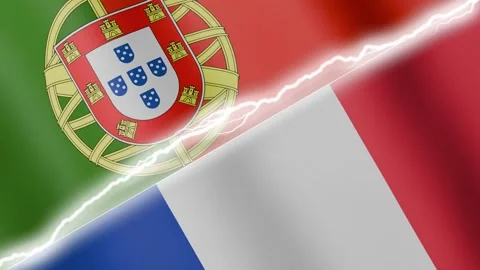 Two waving flags Portugal and France with diagonal lightning 4k loop Stock Footage 329224000
