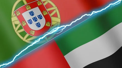 Two waving flags Portugal and United Arab Emirates with diagonal lightning 4k Stock Footage 333977216