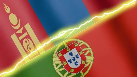 Two waving flags Portugal and Mongolia with diagonal lightning, 4k loop Stock Footage 338196288