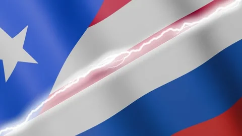 Two waving flags Puerto Rico and Russia with diagonal lightning 4k loop Stock Footage 328902754
