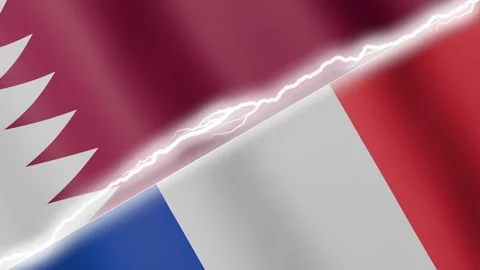 Two waving flags Qatar and France with diagonal lightning 4k loop Stock Footage 329224004