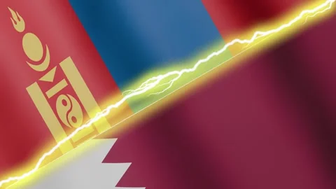 Two waving flags Qatar and Mongolia with diagonal lightning, 4k loop Stock Footage 338196293