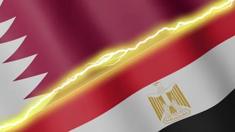 Two waving flags Qatar and Egypt with diagonal lightning, 4k loop Stock Footage 339996165