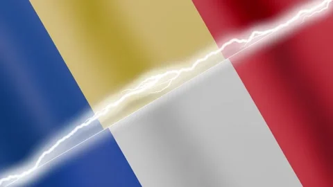 Two waving flags Romania and France with diagonal lightning 4k loop Stock Footage 329224011