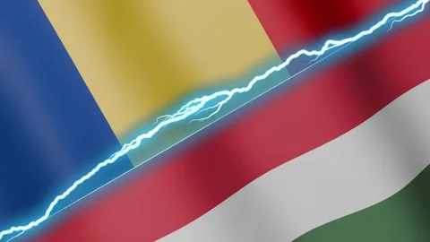 Two waving flags Romania and Hungary with diagonal lightning 4k loop Stock Footage 332488971