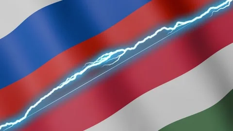 Two waving flags Russia and Hungary with diagonal lightning 4k loop Stock Footage 332488974