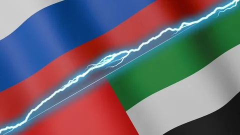 Two waving flags Russia and United Arab Emirates with diagonal lightning 4k loop Stock Footage 333977222