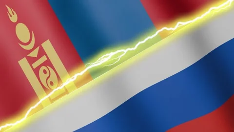 Two waving flags Russia and Mongolia with diagonal lightning, 4k loop Stock Footage 338196299