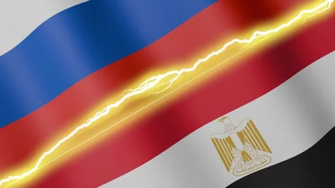 Two waving flags Russia and Egypt with diagonal lightning, 4k loop Stock Footage 339996117