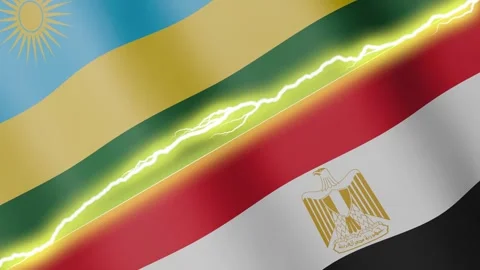 Two waving flags Rwanda and Egypt with diagonal lightning, 4k loop Stock Footage 339996158