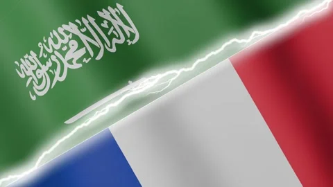 Two waving flags Saudi Arabia and France with diagonal lightning 4k loop Stock Footage 329224024