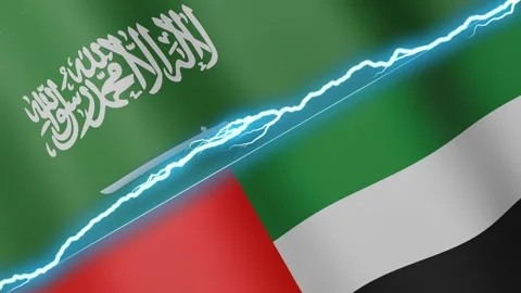 Two waving flags Saudi Arabia and United Arab Emirates with diagonal lightning Stock Footage 333977225