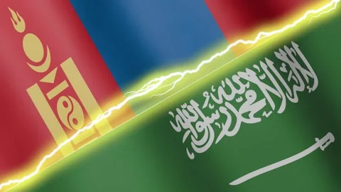 Two waving flags Saudi Arabia and Mongolia with diagonal lightning, 4k loop Stock Footage 338196305