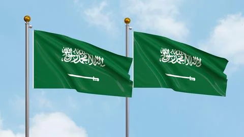 Two waving flags of Saudi Arabia on sky background. 3D illustration. Stock Illustration