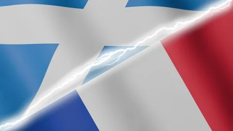 Two waving flags Scotland and France with diagonal lightning 4k loop Stock Footage 329224033
