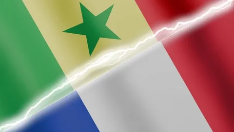Two waving flags Senegal and France with diagonal lightning 4k loop Stock Footage 329224029