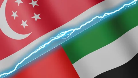 Two waving flags Singapore and United Arab Emirates with diagonal lightning 4k Stock Footage 333977243
