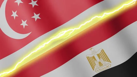 Two waving flags Singapore and Egypt with diagonal lightning, 4k loop Stock Footage 339996246
