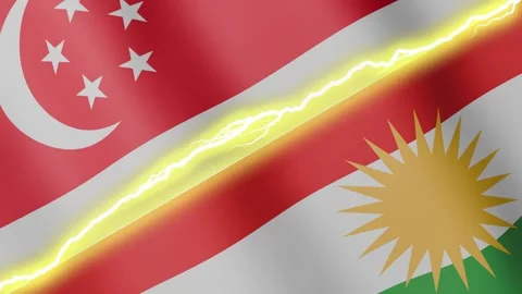 Two waving flags Singapore and Kurdistan with diagonal lightning, 4k loop Stock Footage 340198070